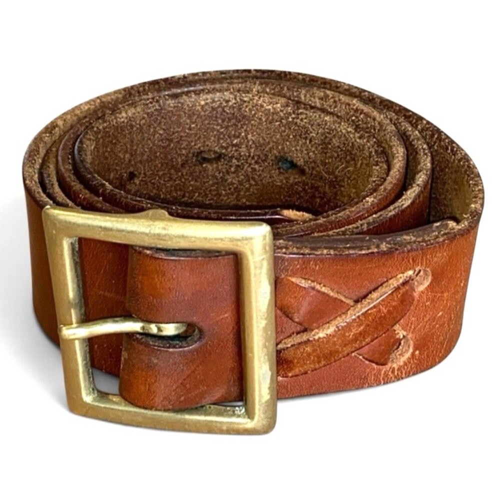 Vintage Wide Brown Leather Belt XL Solid Brass USA Buckle Boho Equestrian Laced